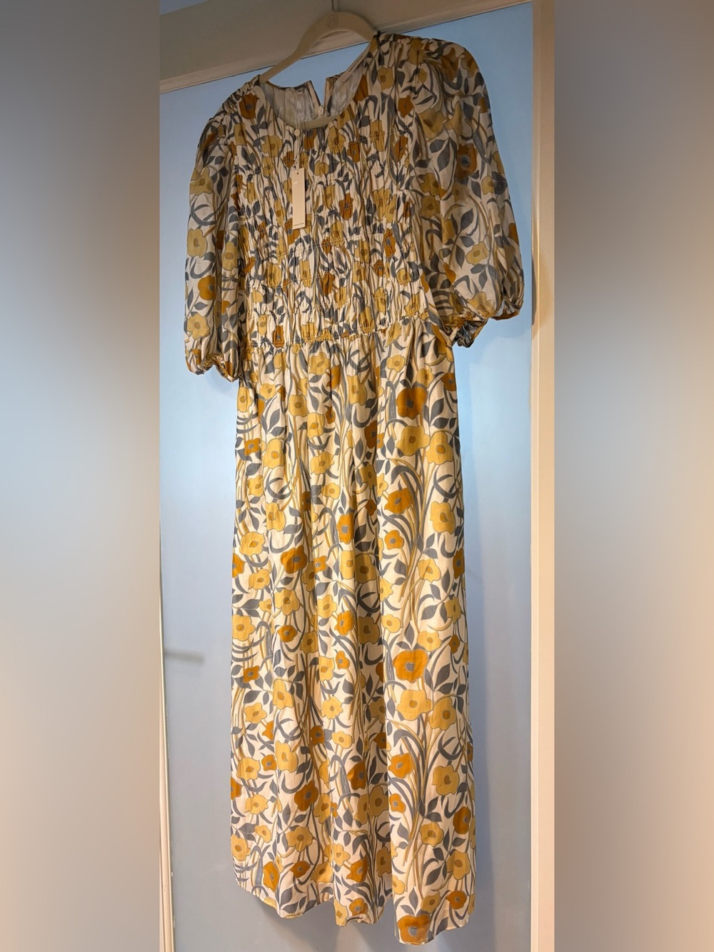 NWT Rebecca Taylor Floral Smocked Maxi  Dress in Yellow and Gray